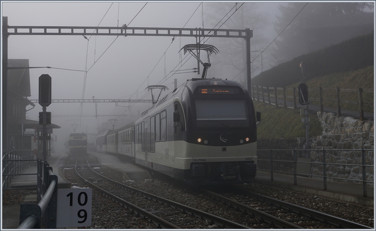 Ein MOB Alpina Paar mit zwei Zwischewagen (Be 4/4 9202 und ABe 4/4 9302) tasten sich bei Les Avants durch den dichten Nebel.
21. Dez. 2016