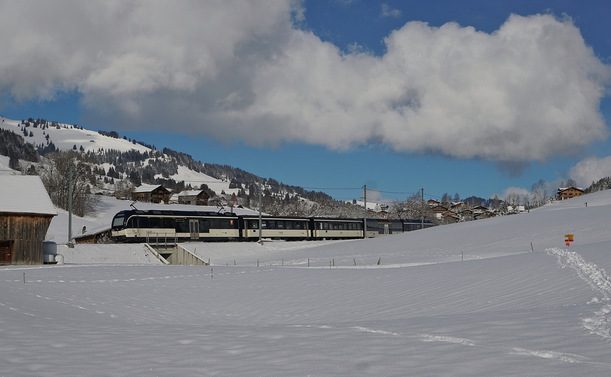 Ein MOB Alpina Regionalzug auf der Fahrt von Montreux nach Zweisimmen kurz vor Gruben. 

2. Feb. 2018 