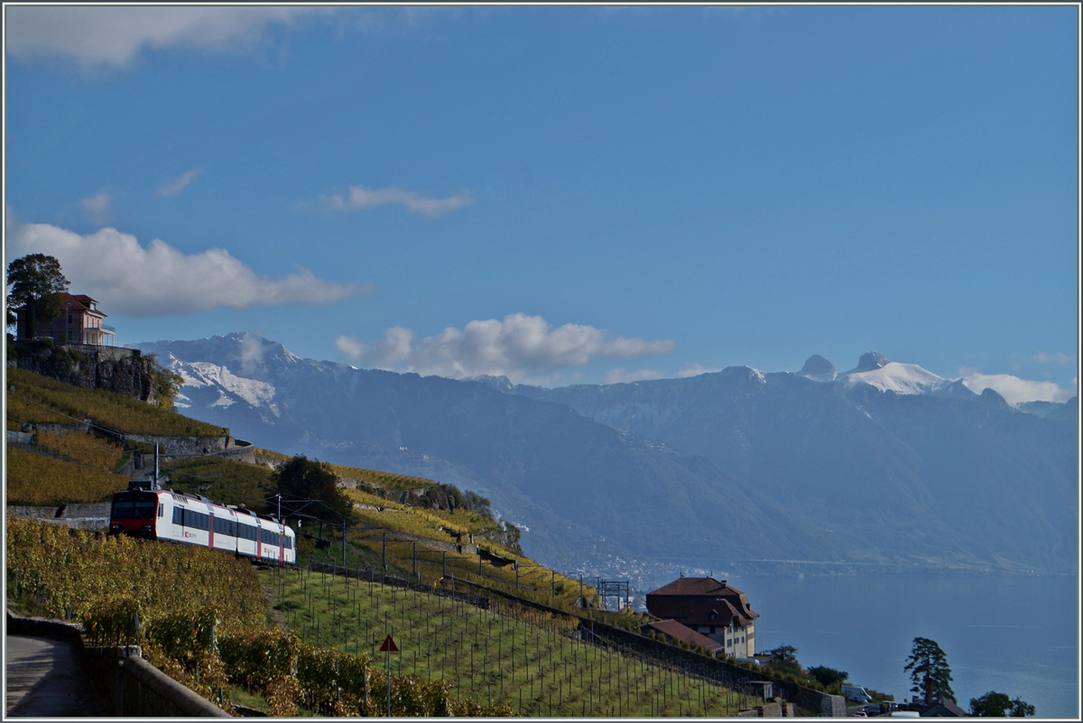 Ein RBDe 560 mit Bt auf dem Weg von Puidoux-Chexbres nach Vevey kurz nach Chexbres. 
Nach dem Fahrplanwechsel im Dez. 2014 sollen die heute zweiteiligen Züge durch einen Zwischenwagen ergänzt werden.
Gut zu sehen ist auch die strake Neigung der Strecke. 
23. Okt. 2014