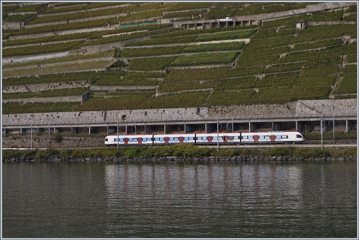 Ein SBB Flirt RABe 523 als Regionalzug auf dem Weg Richtung Villeneuve kurz vor Rivaz. 

1. Okt. 2019