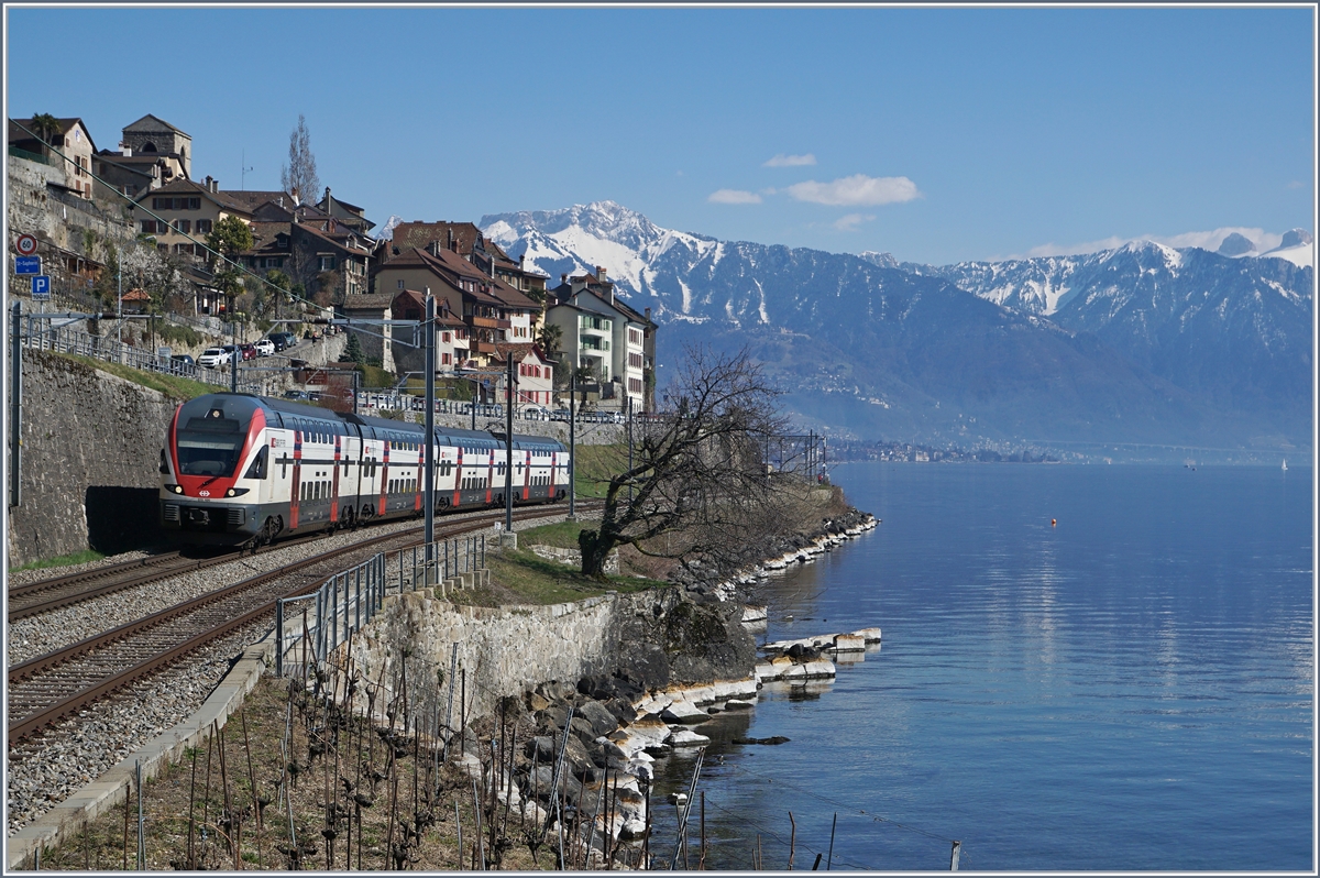 Ein SBB RABe 511 ist bei St-Saphorin auf der Fahrt von Vevey nach Genève und nutzt dabei das bergseitige Gleis. 

24. März 2018