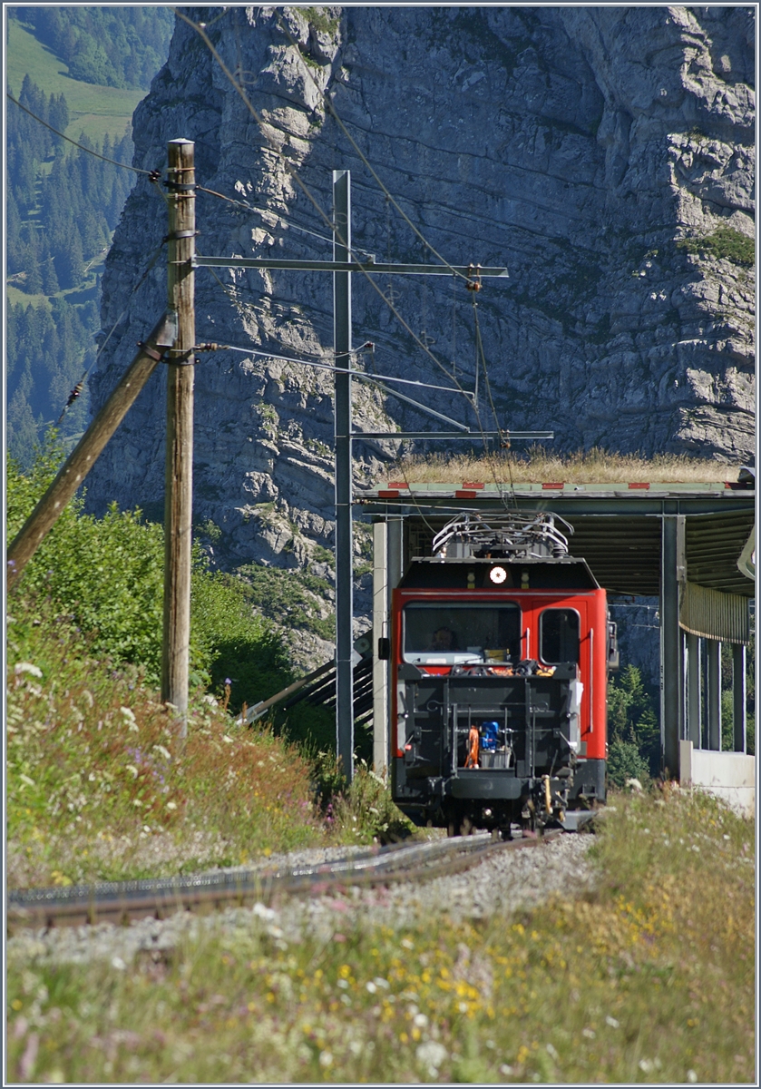 Ein Telebild der Hem 2/2 N° 12 der Rochers de Naye Bahn mit ein  Gepäckwagen  auf der Fahrt Richtung Gipfel kurz nach Jaman.
1. Juli 2018