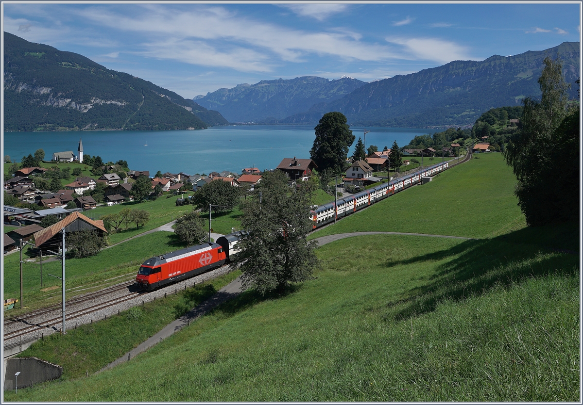 Eine SBB Re 460 mit dem IR 974 von Interlaken nach Basel bei Faulensee. 

19. August 2020