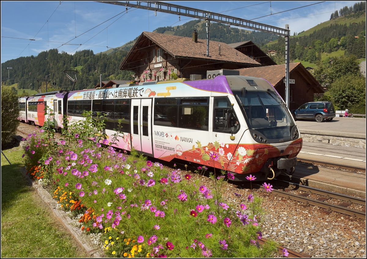 er MOB Be 4/4 5002 ist mit Bt und ABt nicht nur entsprechend beklebt, sondern gesellt sich in Saanen abseits seiner Strecke mal wunderbar in die passende Kulisse. Und zur Abwechslung nicht im unpassenden Schnee... ;-) September 2019. Und vielleicht passt's ja auch zu Peters Erklrung...