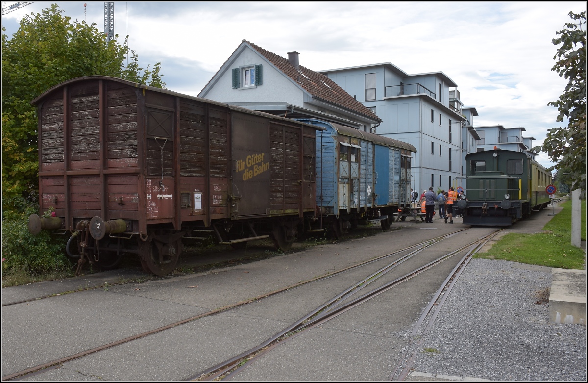 Fahrtag Wolfhuuser Bahn.

Tm 2/2 111 in Wolfhausen und zwei überlebende historische Güterwagen. Oktober 2021.