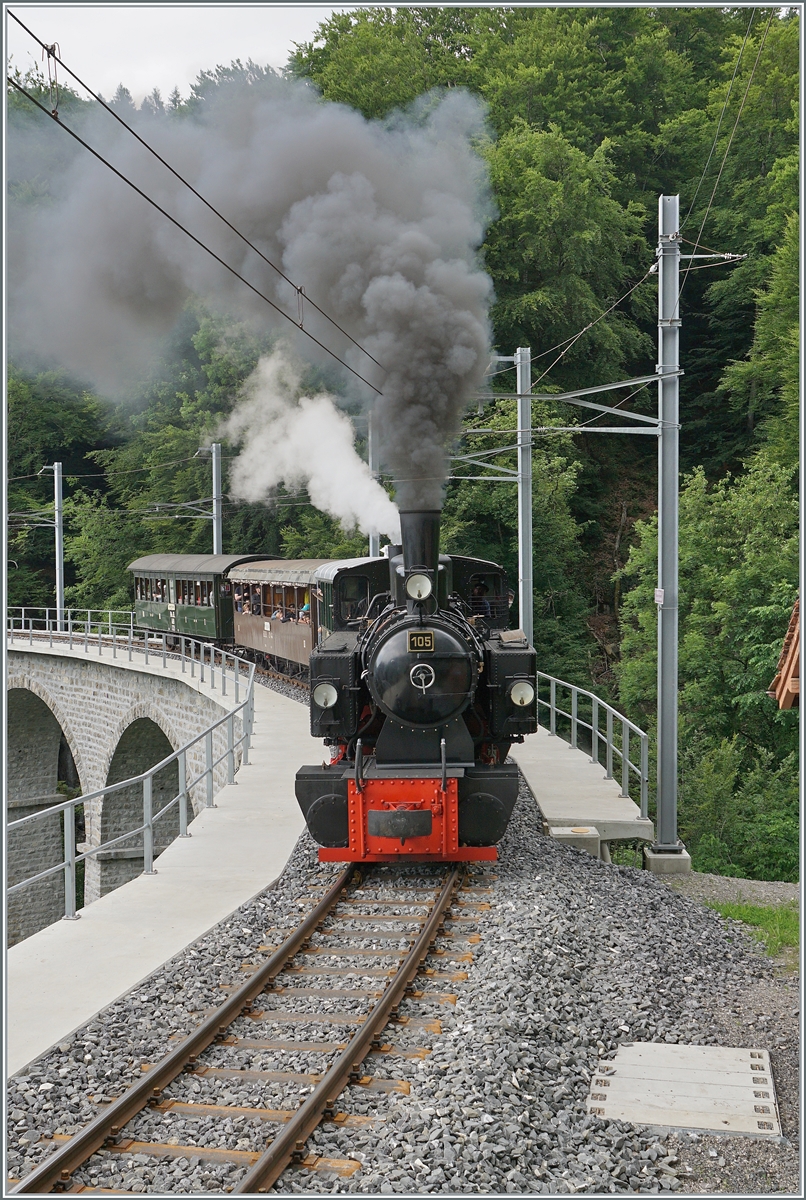 Festival Suisse de la vapeur (Schweizer Dampffestival 2025) - Die SEG G 2x 2/2 105 mit einen Dampfzug auf der Fahrt von Blonay nach Chaulin auf dem Baye de Clarens Viadukt unterwegs.

8. Juni 2025