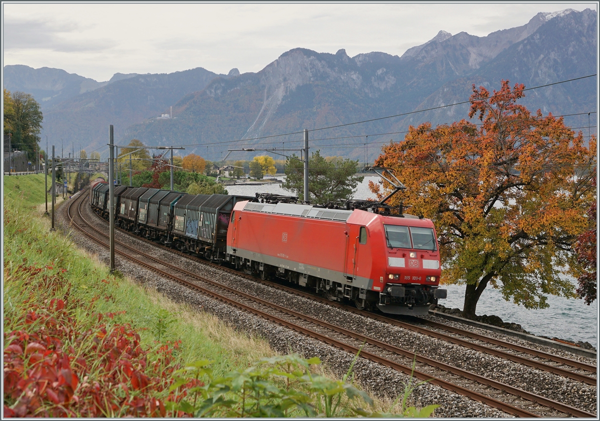 Gut 25 Stunden nach dem ersten Bild konnte ich mit der DB 185 109-6 erneut eine DB 185 vor dem Novelis Güterzug von Sierre nach Göttigen kurz nach Villeneuve fotografieren. 21. Oktober 2020
