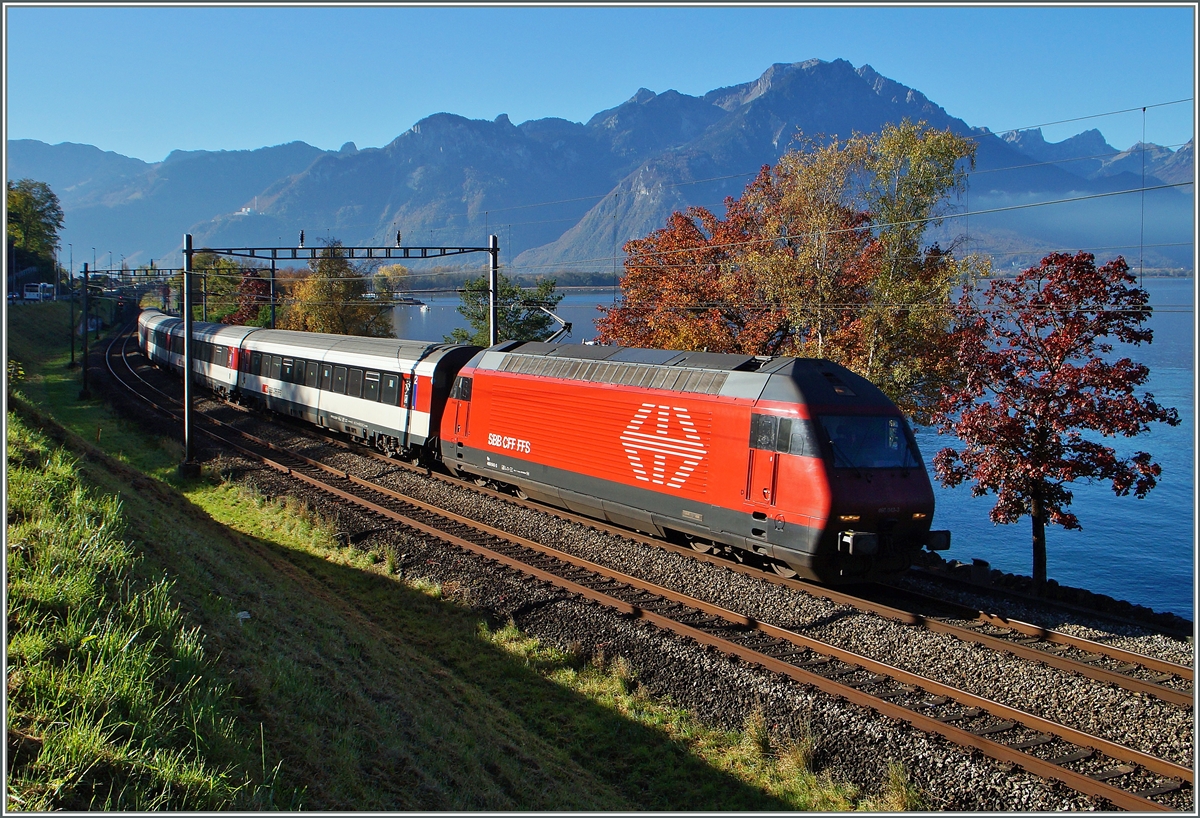 Herbst am  Kleinen See : Die SBB Re 460 043-3 mit einem IR von Brig nach Genève Aéroport kurz nach Villeneuve.
1. Nov. 2014