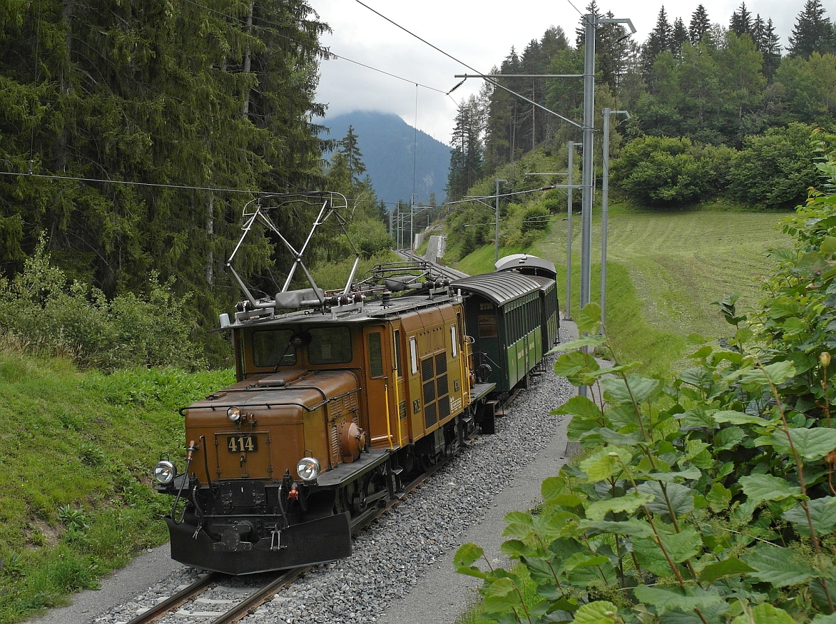 Im Rahmen des 125jährigen Jubiläums der Rhätischen Bahn fuhr an mehreren Tagen im August zwischen den Stationen Davos Platz und Filisur ein Nostalgiezug. Am 23.08.2014 wurde in der Nähe von Filisur das von Davos Platz kommende rhätische Krokodil, eine Ge 6/6 I, mit ihren älteren Personenwagen fotografiert.