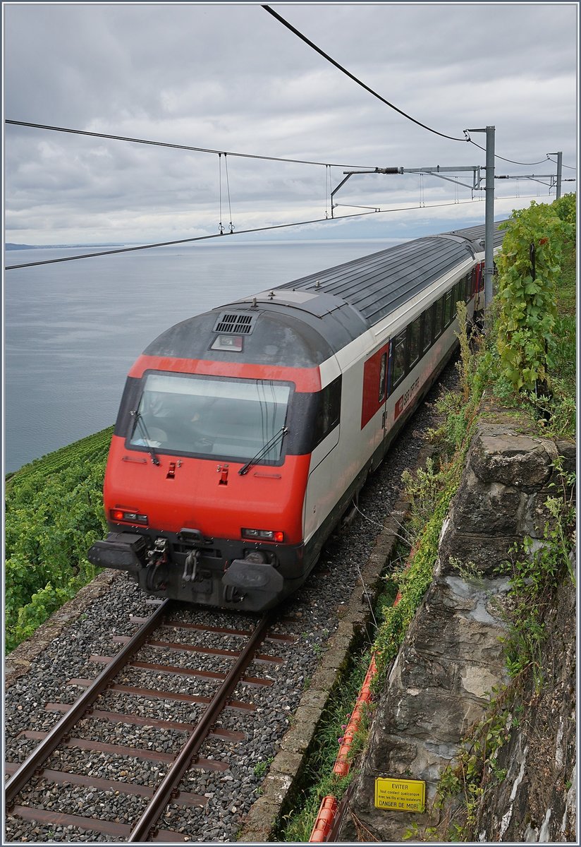 Impressionen vom nicht so gelungenen ersten  Umleitungswochenende  über die  Train des Vignes  Strecke infolge baubedingter Streckensperrung Vevey- Lausanne: Der Hilfszug XTmas 99 85 9177 004-0 schleppt den liegengeblieben und zwischenzeitlich nach Vevey zurück gefahrenen IR ab, im Bild der Steuerwagen am Ende des Zuges oberhalb von St-Saphorin. 
An den beiden noch folgenden Umleitungswochenenden regnet es nicht und der Umleitungsverkehr gelang ziemlich problemlos.

29. August 2020