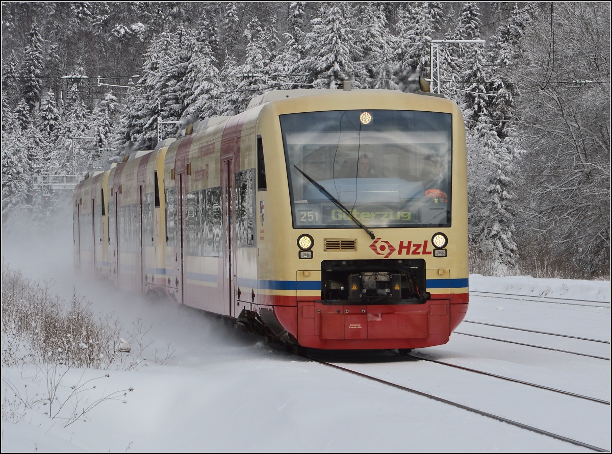 In die HzL Regio-Shuttles 251, 252, 253 des Seehäsle dürfen nur Güter einsteigen. Hattingen, Dezember 2014.