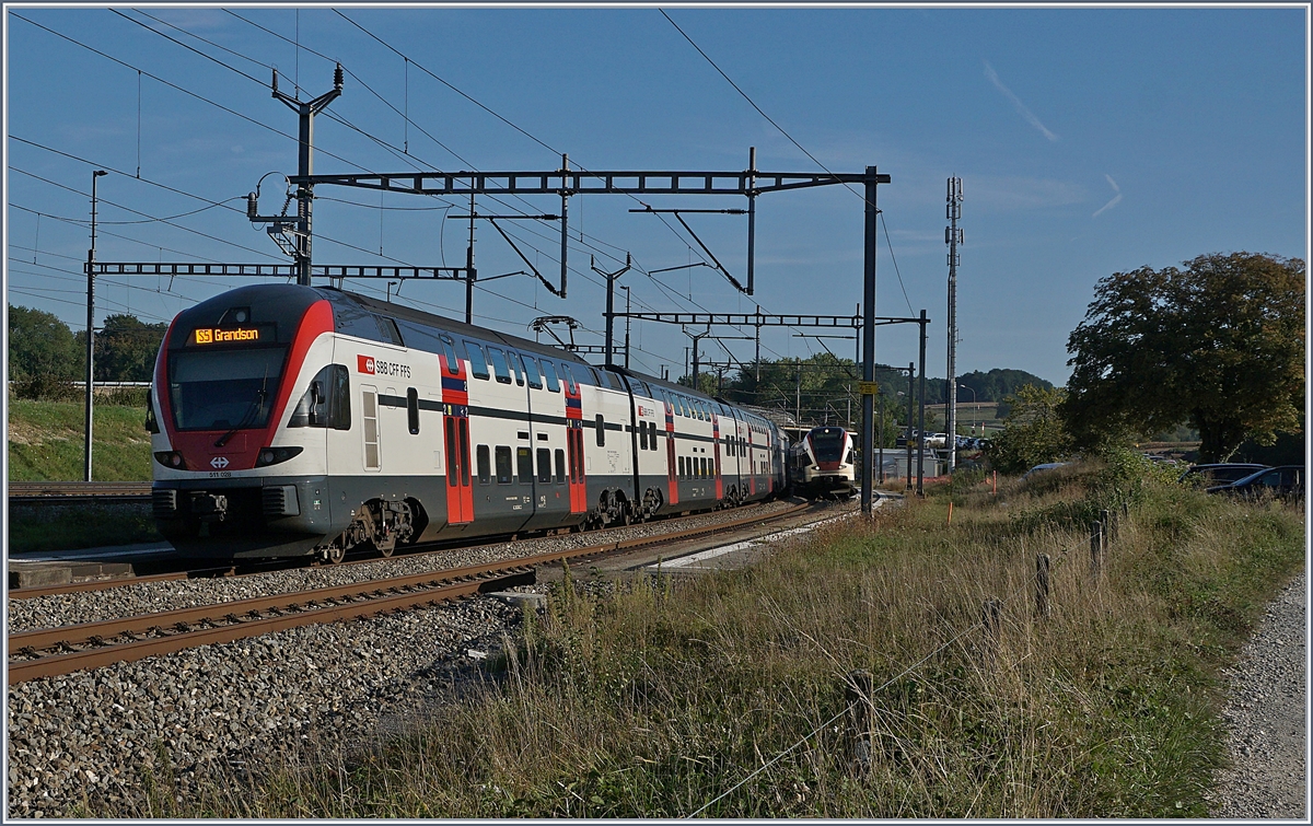 In der Regel sind Flirts oder Dominos im Umlauf der S5 (Lausanne - Grandson beschleunigt) eingesetzt, an diesem Sommer Tag ende Augsts kam jedoch ein RABe 511 zum Einsatz. 
Das Bild entstand ma 29. August 2018 bei Vufflens la Ville.