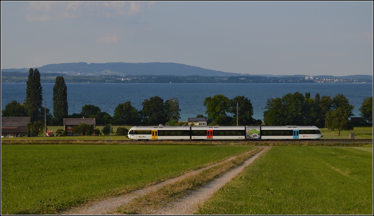 Ins rechte Licht gesetzt macht auch ein GTW was her. 

Thurbo GTW 2/8 zwischen Altnau und Güttingen. Juni 2014.