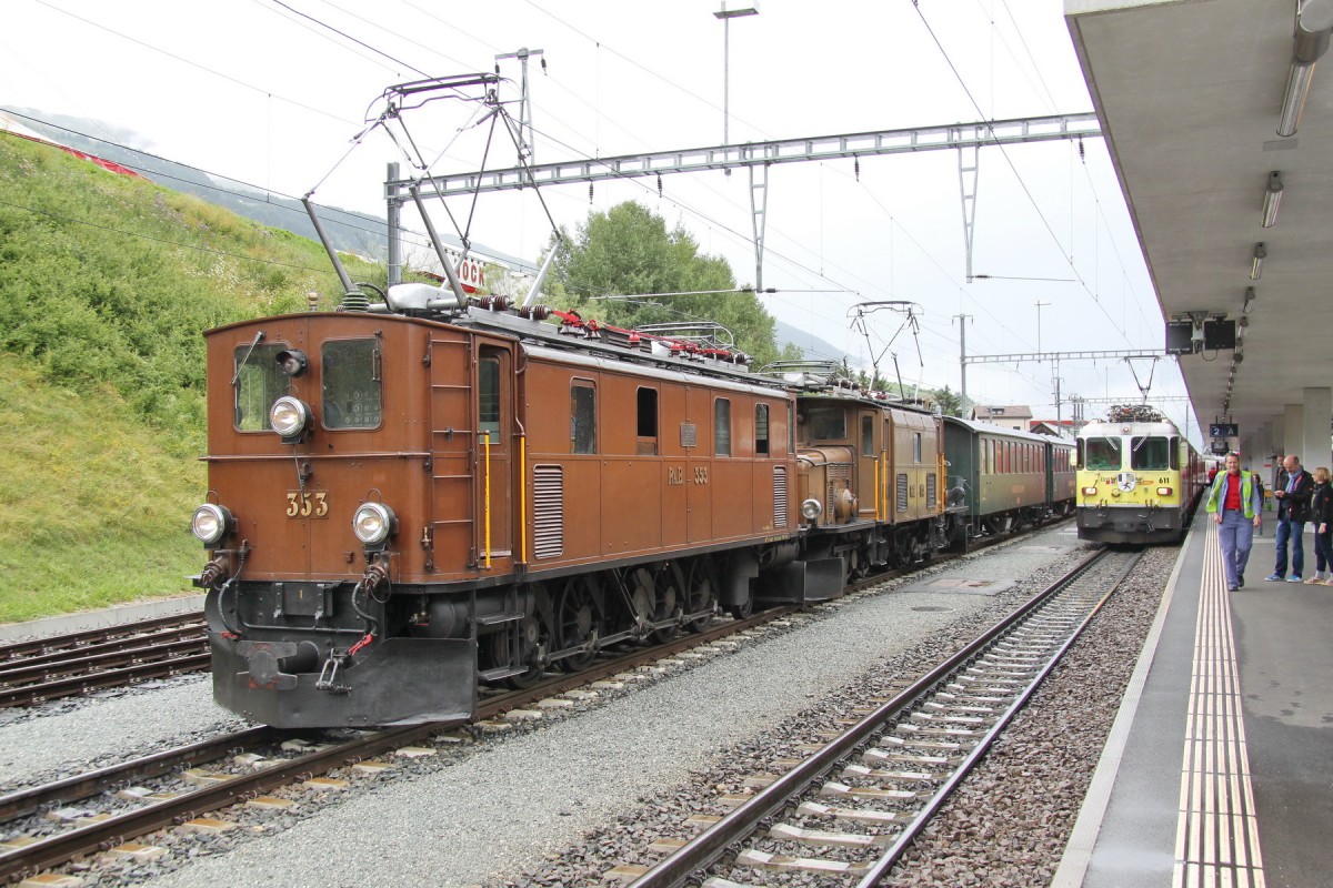 Jubilum,125 Jahre RhB.Museumslok Ge4/6 Nr.353(SLM/MFO 1914)und Ge6/6 I Nr.415(Krokodil 1929)mit einem Nostalgiezug in Scoul-Tarasp.24.07.14  