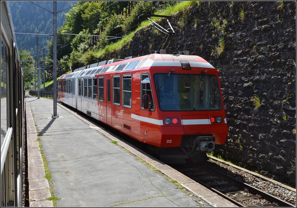 Kreuzung von BDeh 4/8 21 und 22 in Le Trétien. August 2014.