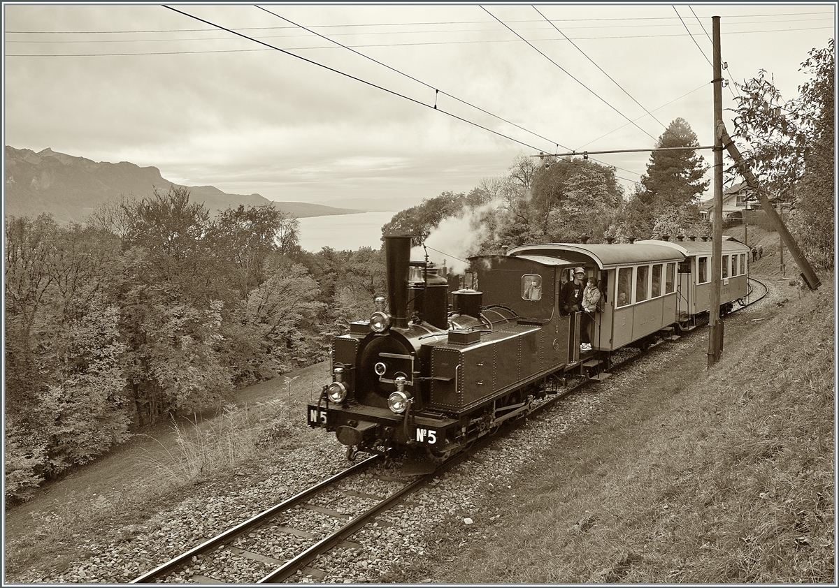  LA DER 2020 du Blonay-Chamby  / Saison Abschluss der Blonay-Chamby Bahn: Mit einem verstärkten Fahrplan und viel Dampf wird vor dem  Winterschlaf  nochmals viel Betrieb gemacht. 
Die LEB G 3/3 N° 5 ist mit ihren zwei Personenwagen kurz nach Chantemerle auf der Fahrt nach Chaulin. Im Hintergrund ist der Genfersee, die Savoyeer Alpen und sogar, zumindest andeutungsweise der Jura zu sehen. 

25. Okt. 2020