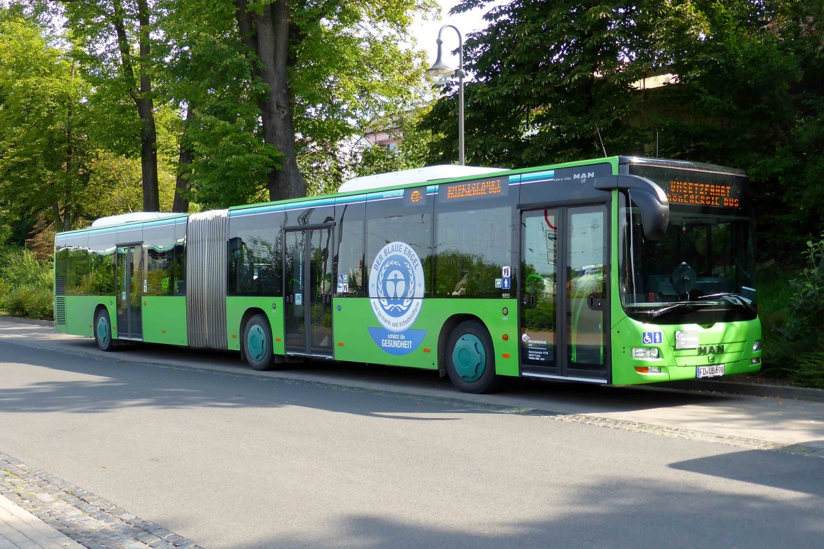 Lions City der Rhoen Energie, fr�her �WAG Fulda, steht am Bahnhof in 36088 H�nfeld, August 2014