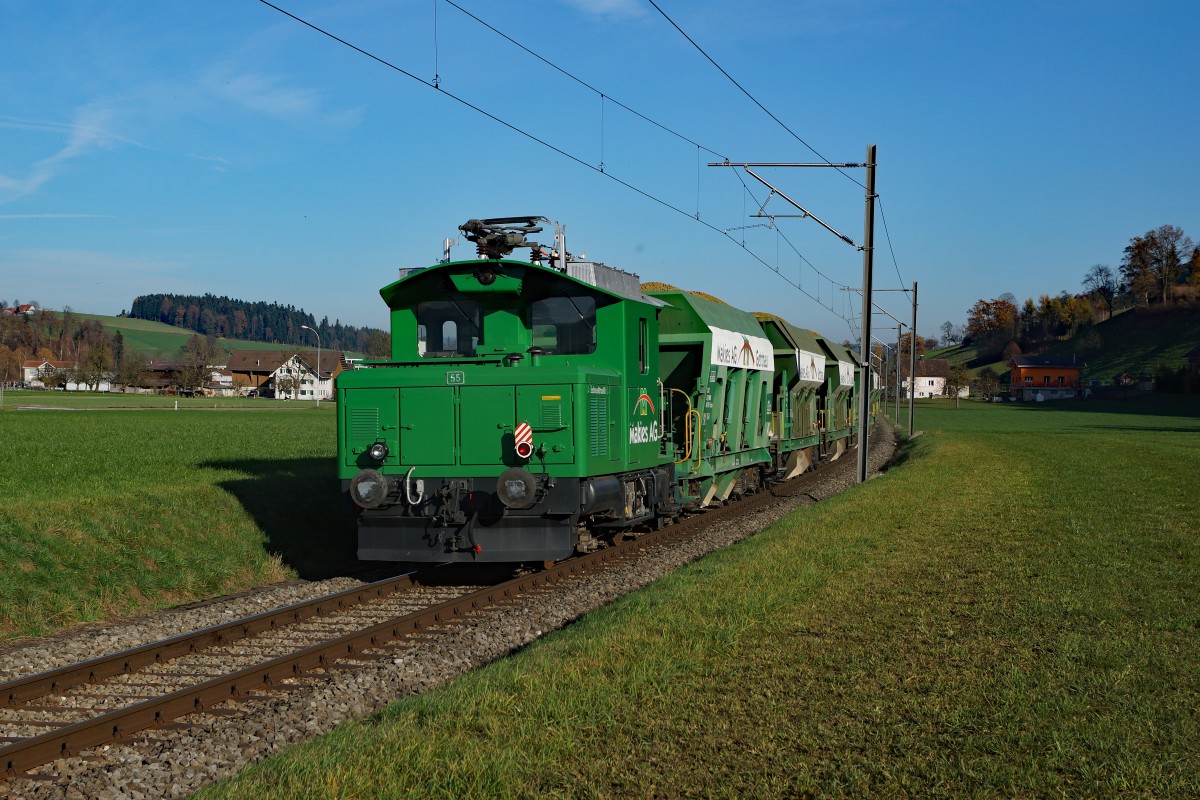 Makies AG: Der grüne Tem 55  SCHMUCKTRUCKLI  der Makies AG, im Einsatz zwischen Ufhusen und Gettnau am 10. November 2015.
Foto: Walter Ruetsch