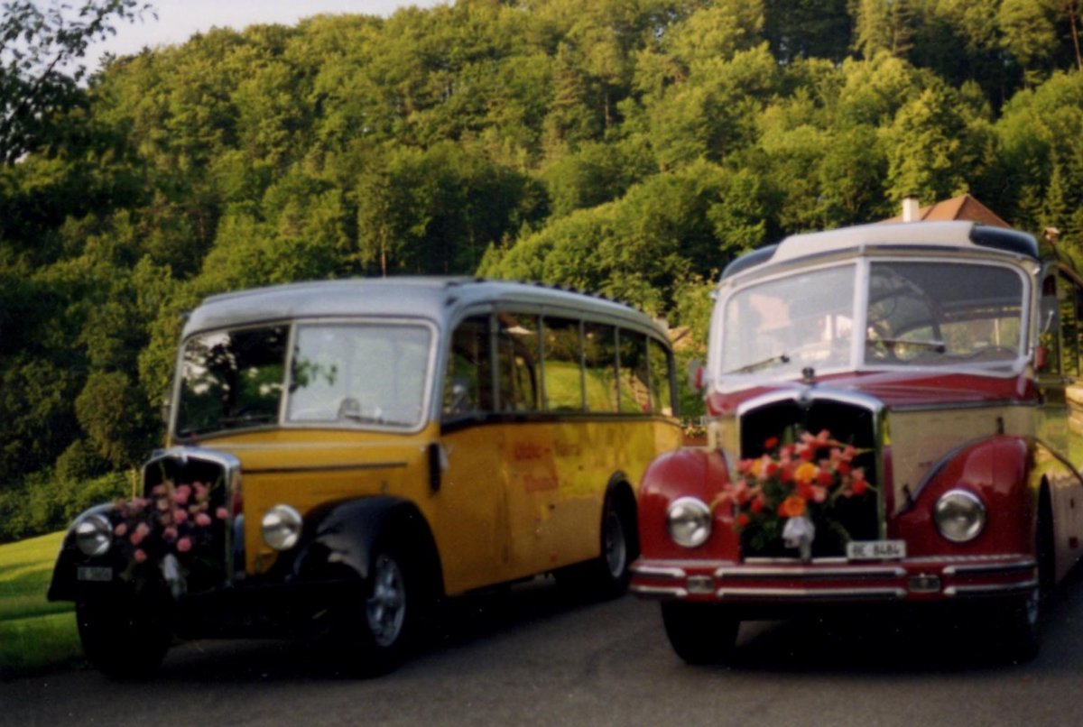 (MD251) - Aus dem Archiv: Reusser, Thun - BE 58'656 - Saurer/Hnni (ex Kontiki, Wettingen; ex Nussbaumer, Ganterschwil) + BE 8484 - Saurer/R&J (ex Hsler, Menziken) um 1995