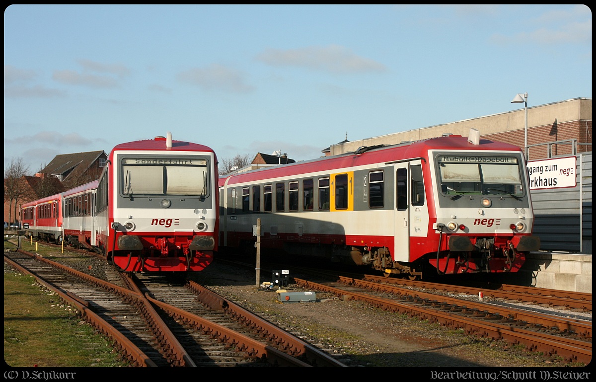 Mit freundlicher Genehmigung aus Flensburg: Hier zu sehen die beiden VT's der neg, links der  Neue  0628/629 506 dahinter der Rest der beiden antriebslosen Teile 928 505/506 und rechts der schon länger im Bestand der neg anzutreffende VT 71/0628/629 071. Niebüll neg Bahnhof 18.04.2015