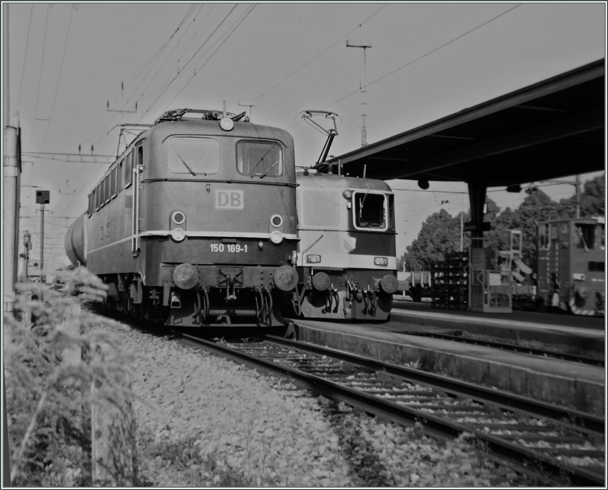 Mit Mineralölzügen gelangten Kornwestheimer DB E 150 bis nach Weinfelden. Dieses (fotogarfierte Kleinbild)-Foto zeigt die DB 150 169-1 am 26. Sept. 1996 in Weinfelden.
(S/W Version)