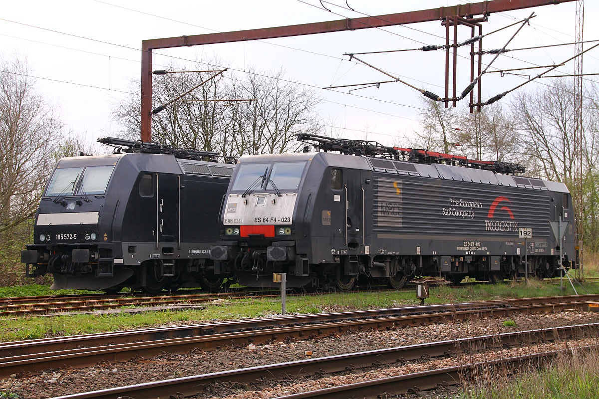 MRCE/OHE 185 572-5 und MRCE/TXL 189 923-6 abgestellt im dänischen Padborg. 11.04.2014