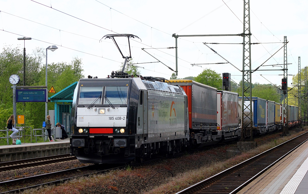 MRCE/TXL 185 408-2 mit dem DGS 45697(Malmö-Löhne)festgehalten bei der Durchfahrt in Schleswig 20.05.2015