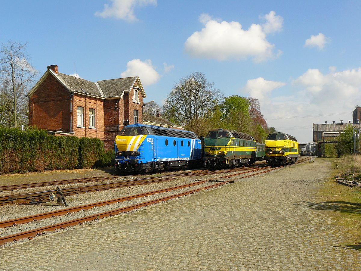 NMBS Diesellok 6202, 6219 und 6253 mit M2-Wagen. Sonderfahrt Museumsverein PFT/TSP. Langerbrugge 05-04-2014. NMBS diesellocomotieven 6202, 6219 en 6253 met M2-rijtuigen gefotografeerd tijdens rondrit van de TSP  Hulde aan de reeks 62 . Langerbrugge 05-04-2014.