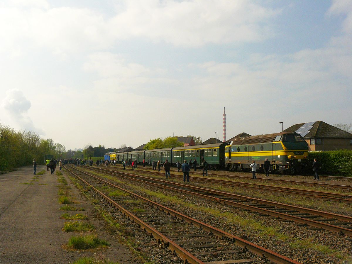 NMBS Diesellok 6219, 6202 und 6253 mit M2-Wagen. Sonderfahrt Museumsverein PFT/TSP. Zelzate, Belgien 05-04-2014.

NMBS diesellocomotieven 6219, 6202 en 6253 tijdens rondrit van de TSP  Hulde aan de reeks 62  met M2-rijtuigen. Zelzate, Belgi� 05-04-2014.

