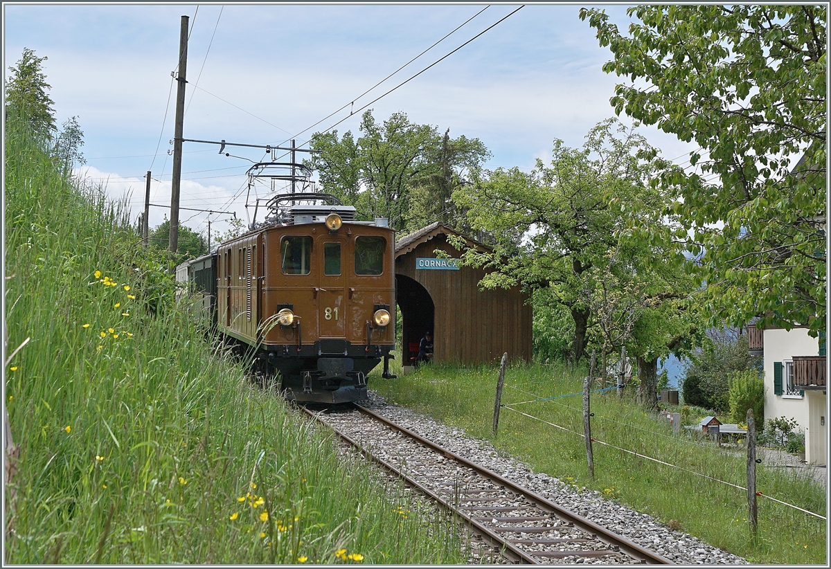 Nostalgie & Vapeur 2021 / Nostalgie & Dampf 2021 - so das Thema des diesjährigen Pfingstfestivals der Blonay Chamby Bahn, und von beidem gab es reichlich; ebenfalls in Cornaux zeigt sich die Bernina Bahn RhB Ge 4/4 81 mit ihrem Zug von Chaulin nach Blonay. 

22. Mai 2021