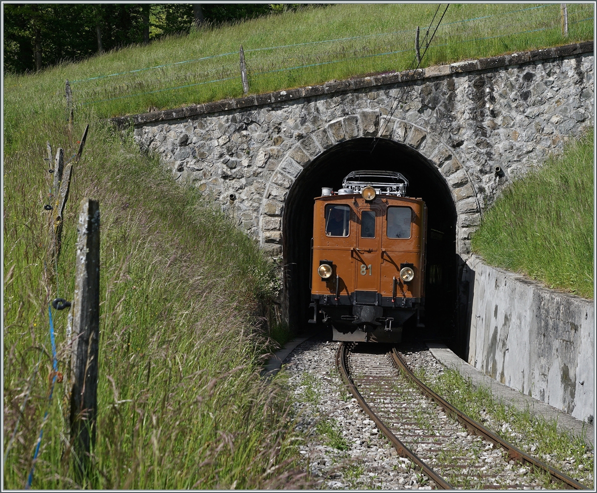 Nostalgie & Vapeur 2021  /  Nostalgie & Dampf 2021  - so das Thema des diesjährigen Pfingstfestivals der Blonay-Chamby Bahn. Die Bernina Bahn RhB Ge 4/4 81 der Blonay-Chamby Bahn verlässt den kurzen Tunnel welcher die Strecke von der Baye de Clarnes kommen wieder auf die aussichtsreiche Seite der Riviera Vaudoise führt.

23. Mai 2021