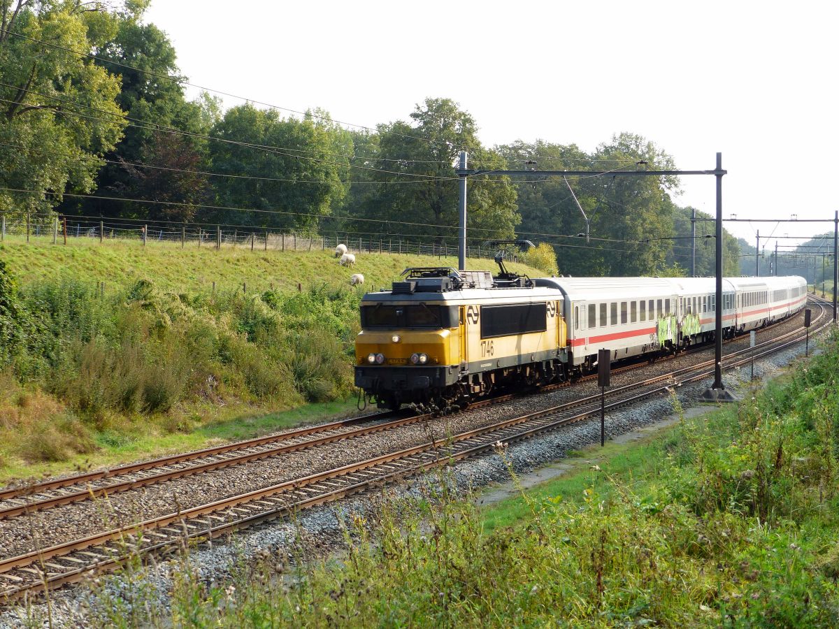 NS Lokomotive 1746 mit Intercity aus Berljn. Stadsweg, De Lutte bei Oldenzaal 11-09-2020.

NS locomotief 1746 met intercity uit Berlijn. Stadsweg, De Lutte bij Oldenzaal 11-09-2020.