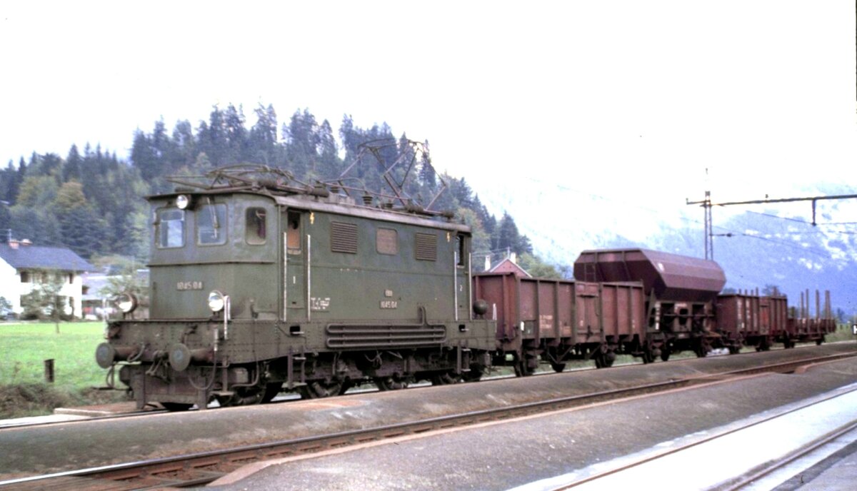 ÖBB 1045.08 mit Güterwagen-Sammler in Steg am 06.10.1981.
