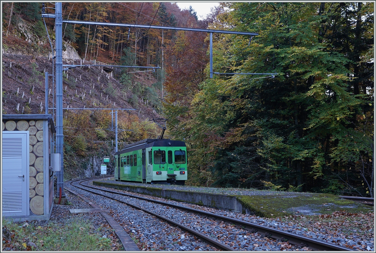Plambuit - einer der zur Zeit zahlreichen ASD Endstationen... Unstabiles Gelände hat schon vor einiger Zeit die Strecke zwischen Exergilloud und Le Sépey (bzw. Les Planches) unterbrochen und nun hat die Forstwirtschaft beschlossen zwischen Plambuit und Exergilloud Waldarbeiten durchzuführen und dafür sicherheitshalber auch diesen Streckenabschnitt zeitweise gesperrt zu sperren. Plambuit ist ein kleiner Weiler weit weg vom Bahnhof mit sechs Bus-Verbindungen von Ollon und so gibt es am Bahnhof von Plambuit nichts, ausser viel Wald, und den ASD BDe 4/4 4/4 402, der auf die Rückfahrt nach Aigle wartet. 

5. November 2021