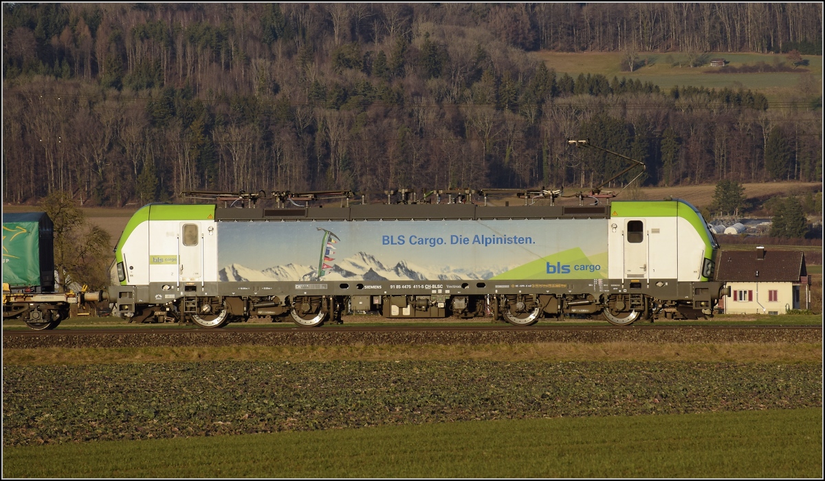 Re 475 411 BLS war an die einzige Schweizerin während der Fotosession. Hendschiken, Januar 2022. 