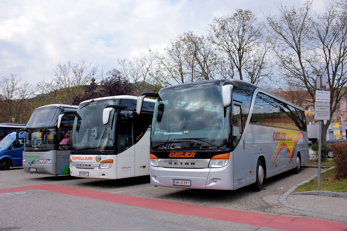 Rechts der Setra 415 HD von Ohler Reisen dann der Setra 415 GT-HD von Capellari und links ein Neoplan Cityliner von Tanzberger Reisen aus �sterreich.
