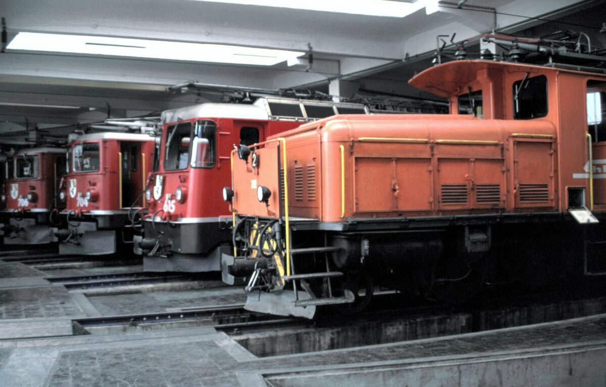 RhB Ge 2/4 Nr.212; Ge 4/4 II Nr.615 und Ge 6/6 II Nr.704 und 706 Besichtigung im Hinblick auf das Jubiläum in Landquart im August 1989.