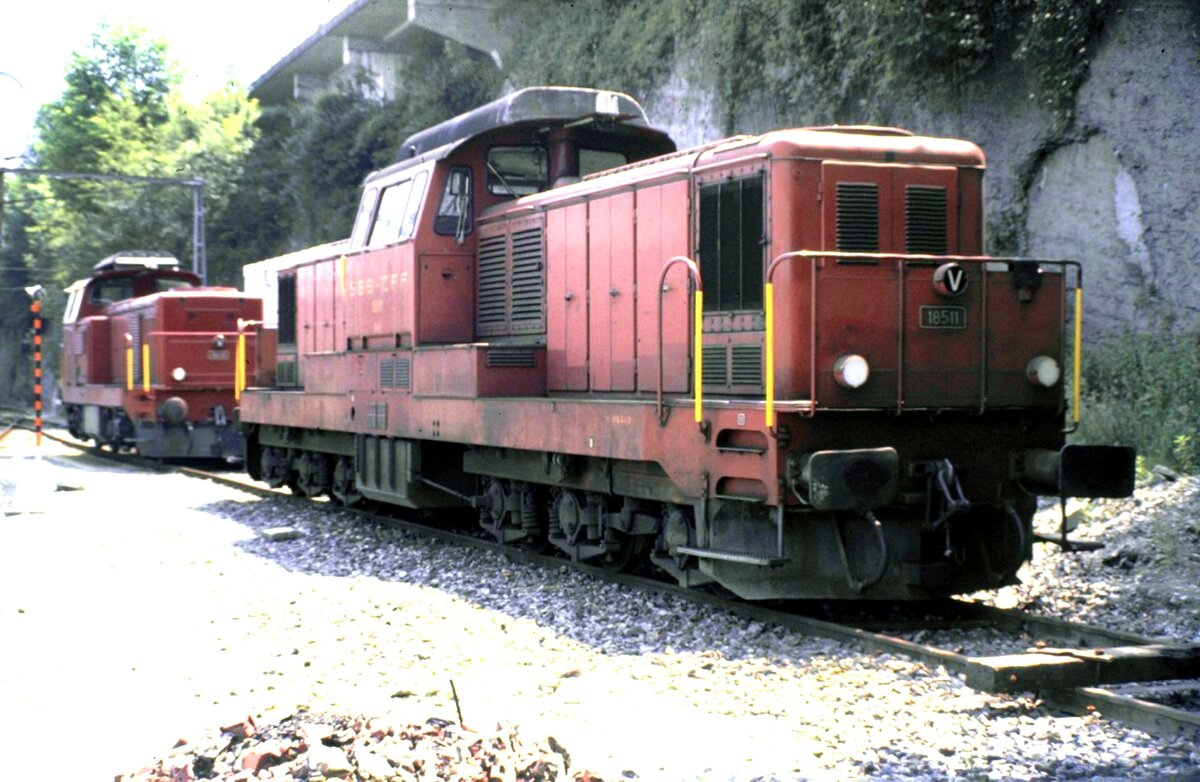 SBB Bm 6/6 Nr. 18 511 und Bm 4/4 Nr. 18 418 in Rorschach am 12.06.1983.