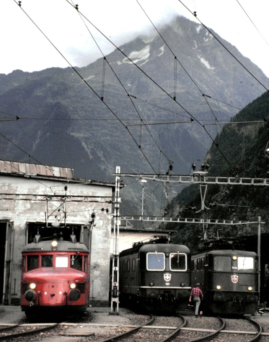 SBB RAe 2/4 Nr.1002; Re 6/6 und Ae 6/6 in Erstfeld beim Jubiläum 100 Jahre Gotthard-Bahn am 22.09.1981.
