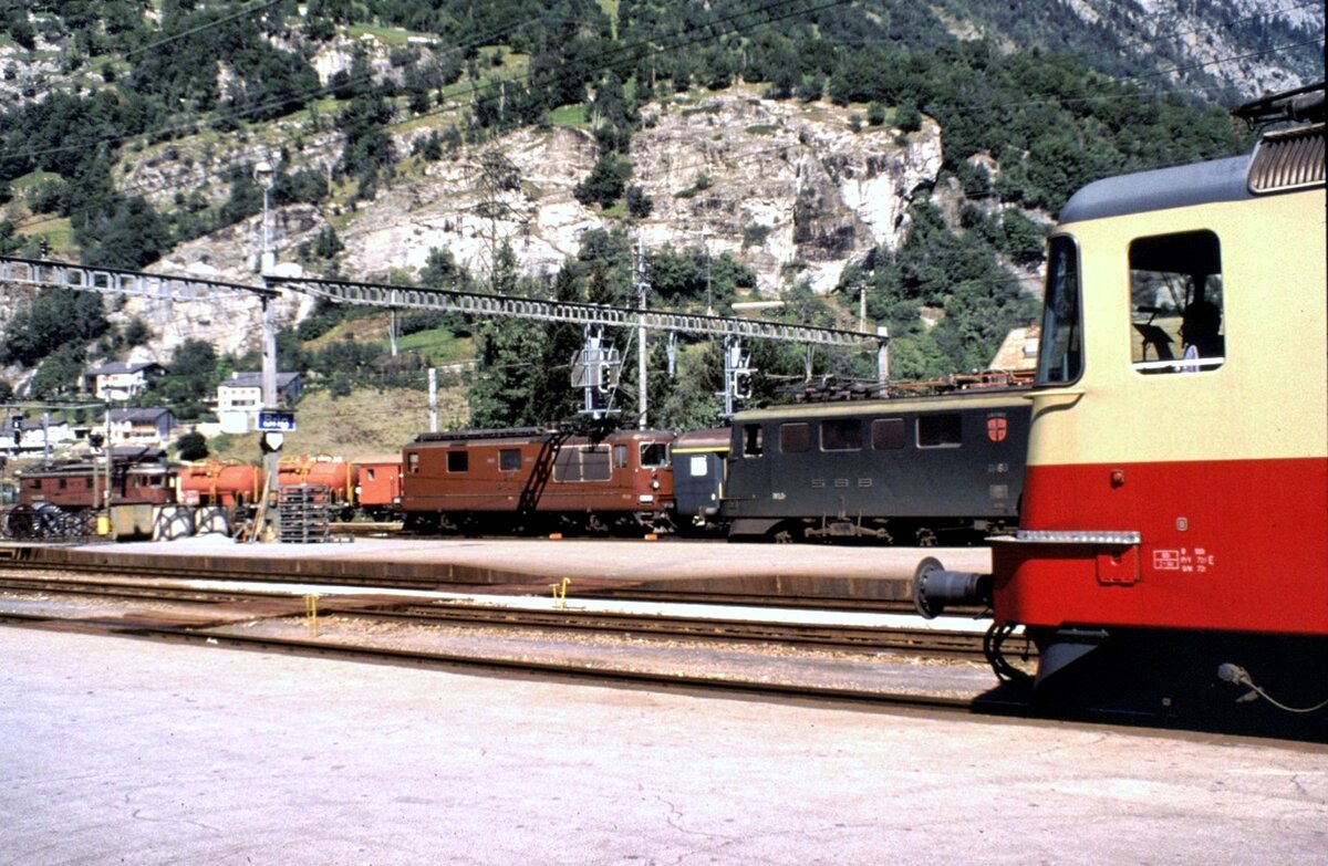 SBB Re 4/4 II TEE 11 252; und Ae 11 463; und BLS Re 4/4 und Ae 6/8 Nr.202 mit Löschzug in Brig am 21.08.1979.