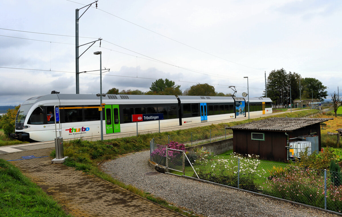 Seelinie Rorschach - Arbon - Romanshorn - Kreuzlingen - Stein am Rhein - Schaffhausen: Thurbo GTW 2/8 761 an der Haltestelle Triboltingen. 5.Oktober 2021 