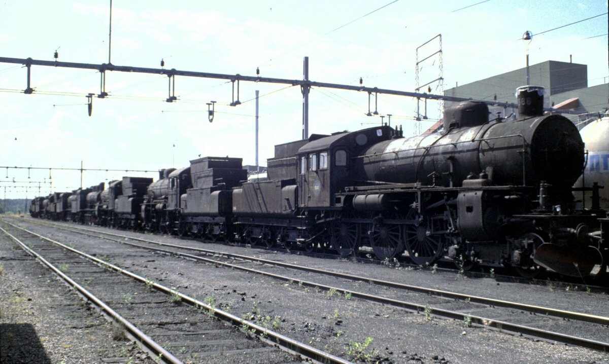 SJ Dampfloks der Kriegsreserve, E (II), F usw. im TGOJ Eisenbahnmuseum Grängesberg am 02.08.1994.