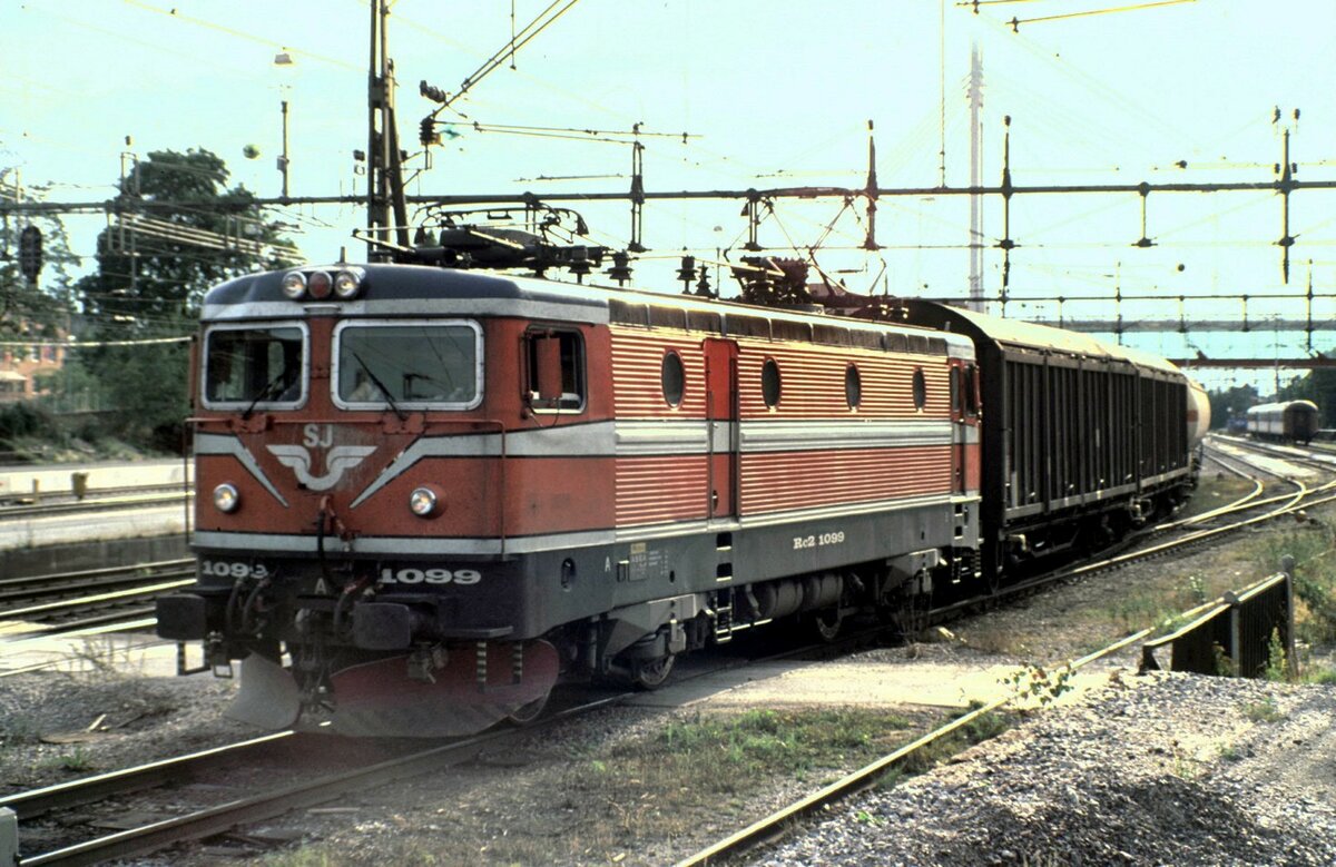 SJ Rc 2 Nr.1099 mit Güterzug in Hallsberg am 05.08.1994.