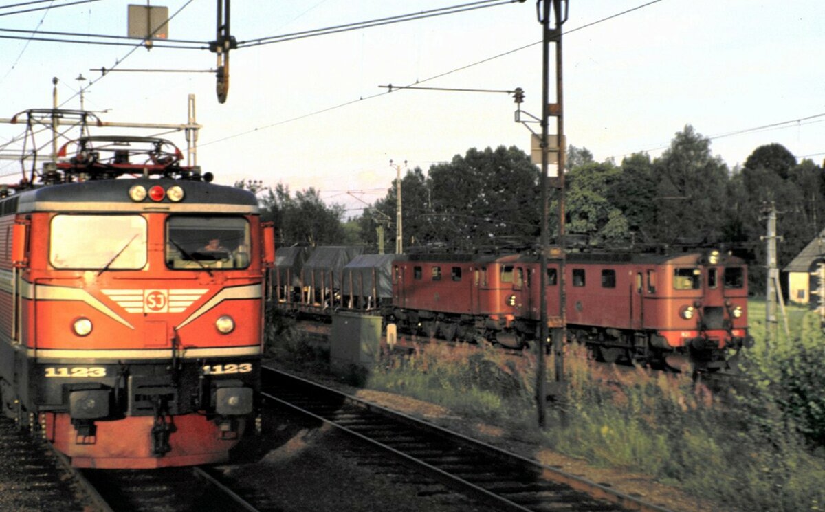 SJ Rc 3 Nr.1123 und Da Nr.821 und eine weitere in Hallsberg am 13.08.1985.