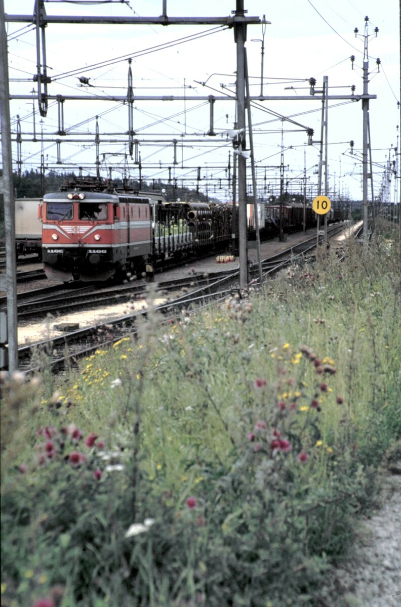 SJ Rc 4 Nr.1166 mit Güterzug fährt in Hallsberg ein am 10.08.1985.