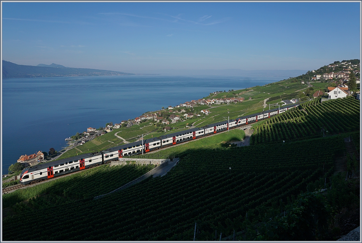 Sommerfahrplan 2018: durch die baubedingte Sperrung der Strecke Lausanne - Puidoux-Chexbres verkehren während des Sommerfahrplan die RE Genève - Vevey via Chexbres weiter bis Fribourg. die Bilder zeigen die Zusatzzüge auf der  Train de Vignes Strecke  am frühen Morgen oberhalb von Rivaz, bei Chexbres.
27. Juli 2018