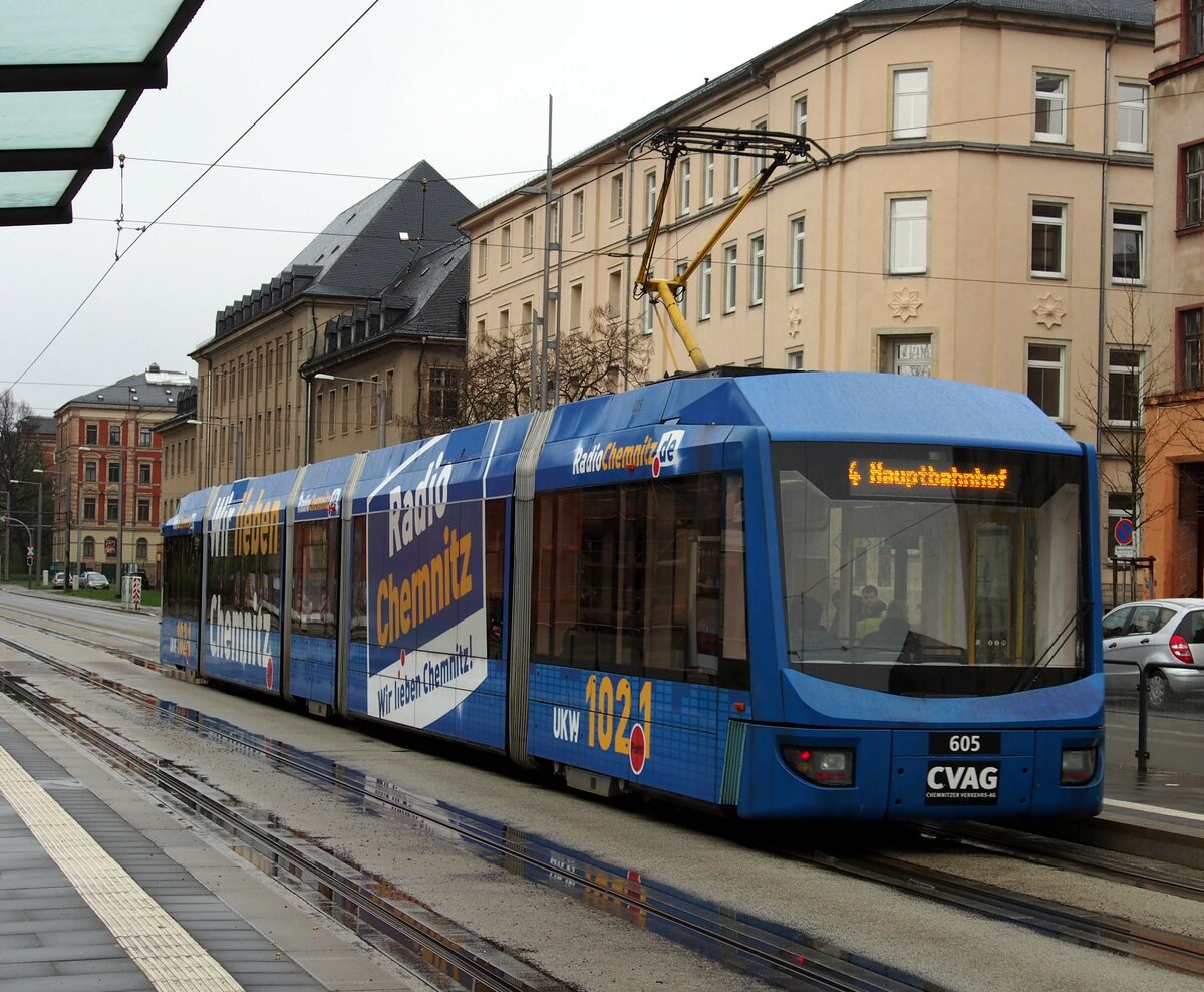 Straßenbahn / Stadtverkehr;  Chemnitz;  6NGTLDE Nr.605 von Adtranz Baujahr 1999 am 18.04.2017.