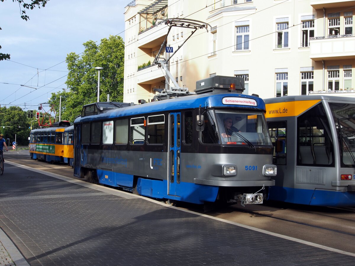 Straßenbahn / Stadtverkehr Leipzig; Fahrleitungsmesswagen und Schleifwagen T4D-S-P Nr.5091 von CKD Tatra Baujahr 1968 vor dem Betriebshof Angerbrücke am 22.07.2019.