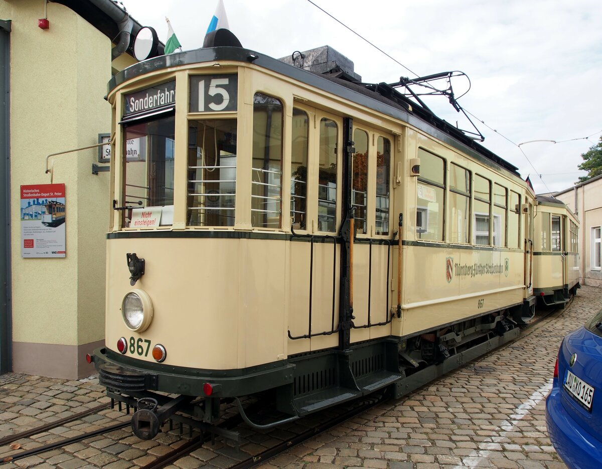 Straßenbahn / Stadtverkehr; Nürnberg;    T 2 Nr. 867 von MAN Baujahr 1925 im Tram-Museum St.Peter Nürnberg am 15.10.2016.