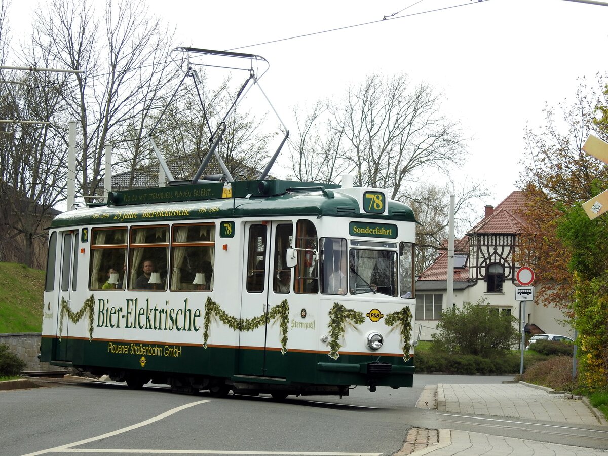 Straenbahn / Stadtverkehr;  Plauen;  Sonderfahrt mit Partywagen der Bier-Elektrischen T 2-64 Fahrt 78 von VEB Gotha, Baujahr 1966, umgebaut 1991; beim Oberen Bahnhof in Plauen am 15.04.2017.